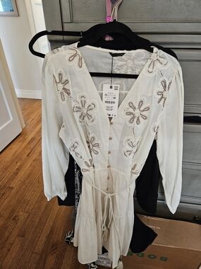 Zara Cream Embroidered Button-Front Mini Dress